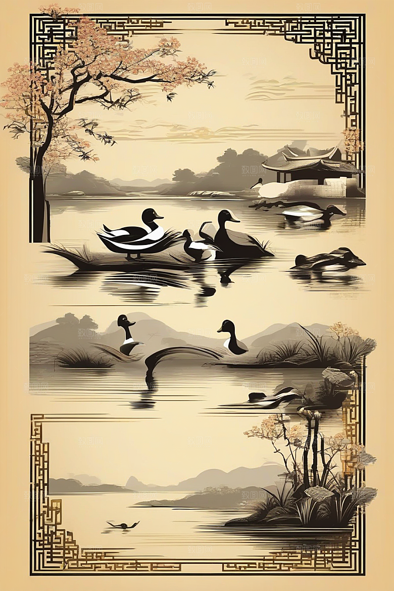 鸭子在水面上山水云天的绘画