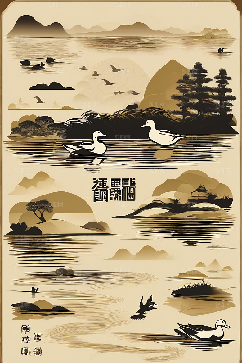 鸭子在水面上山水云天的绘画