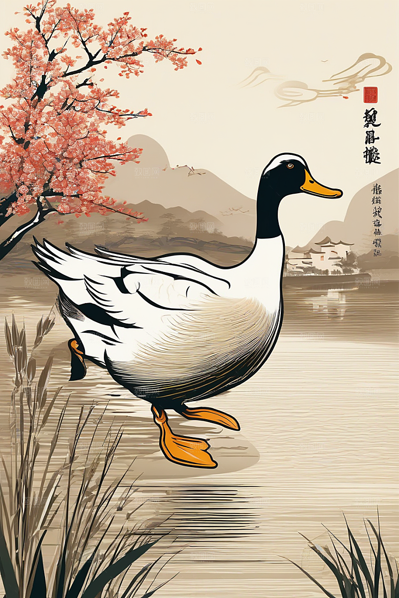 鸭子在水面上山水云天的绘画