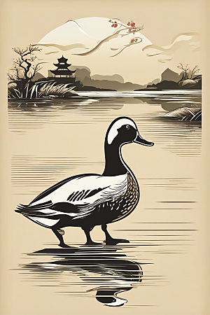 鸭子在水面上山水云天的绘画