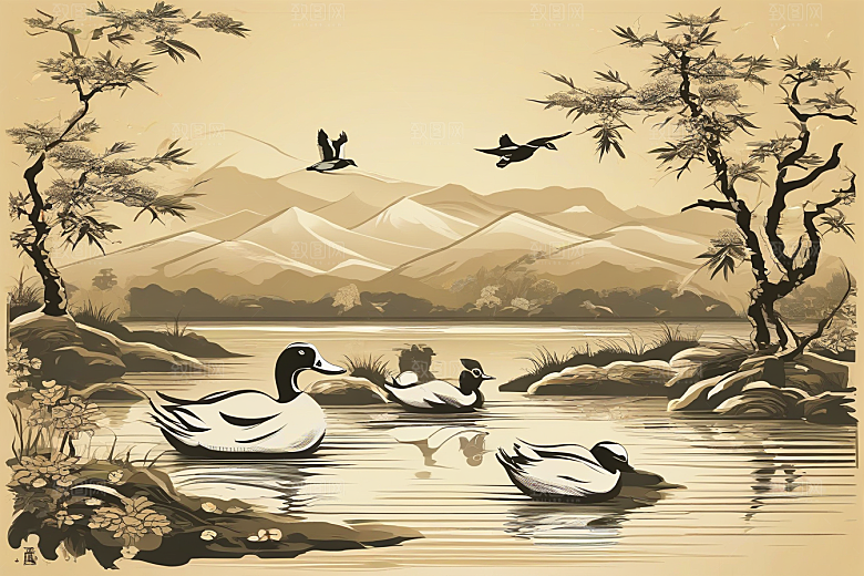 鸭子在水面上山水云天的绘画