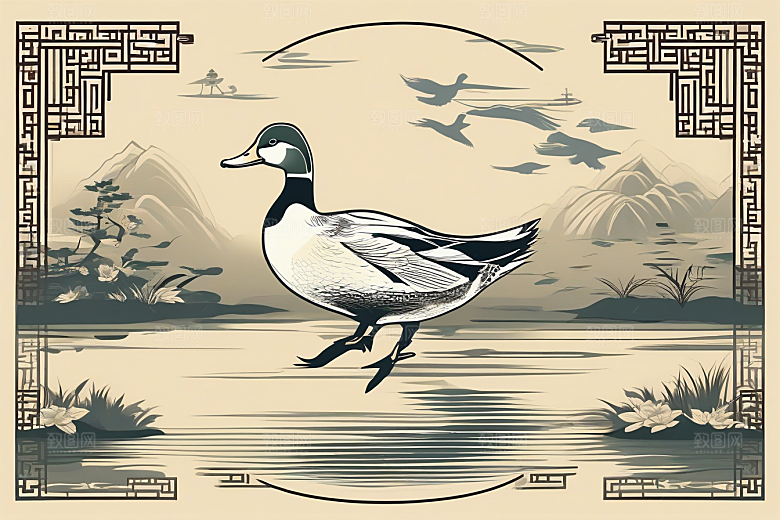 鸭子在水面上山水云天的绘画