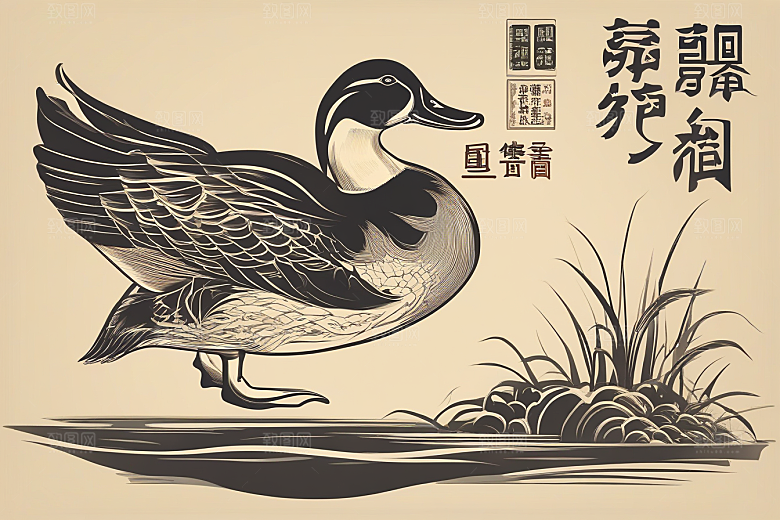 鸭子在水面上山水云天的绘画