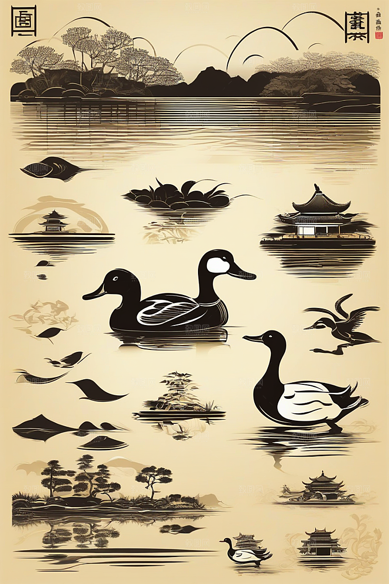 鸭子在水面上山水云天的绘画
