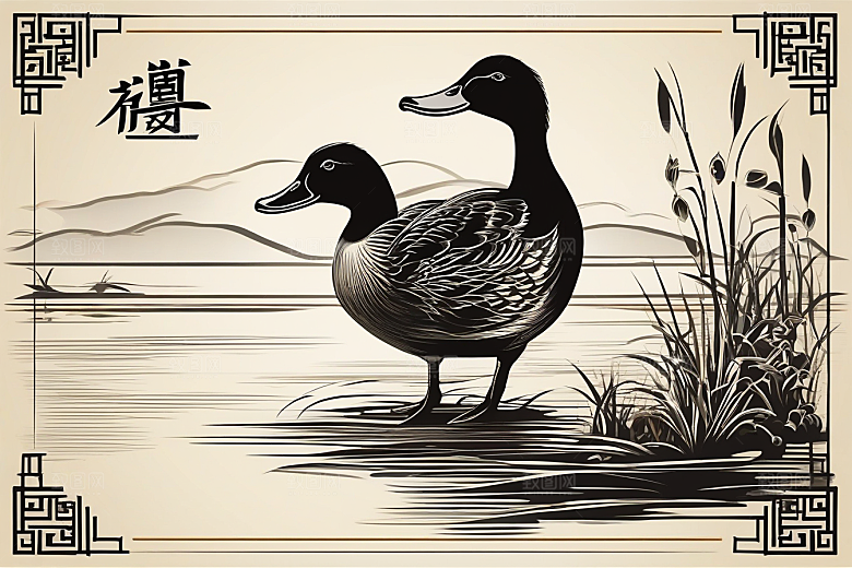 鸭子在水面上山水云天的绘画