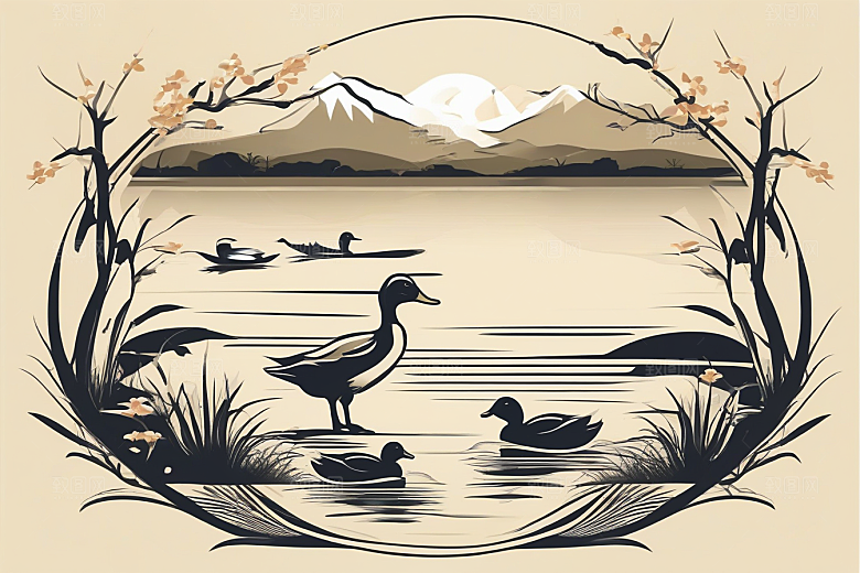 山水云天与鸭子的绘画艺术