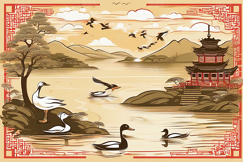 山水云天与鸭子的绘画艺术