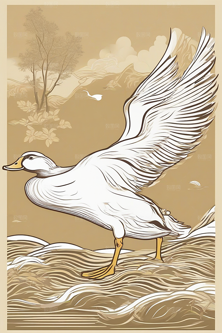山水云天与鸭子的绘画艺术