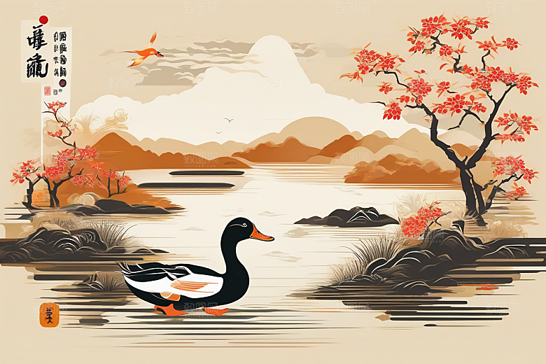 山水云天与鸭子的绘画艺术