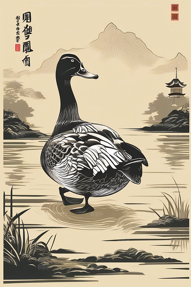 山水云天与鸭子的绘画艺术