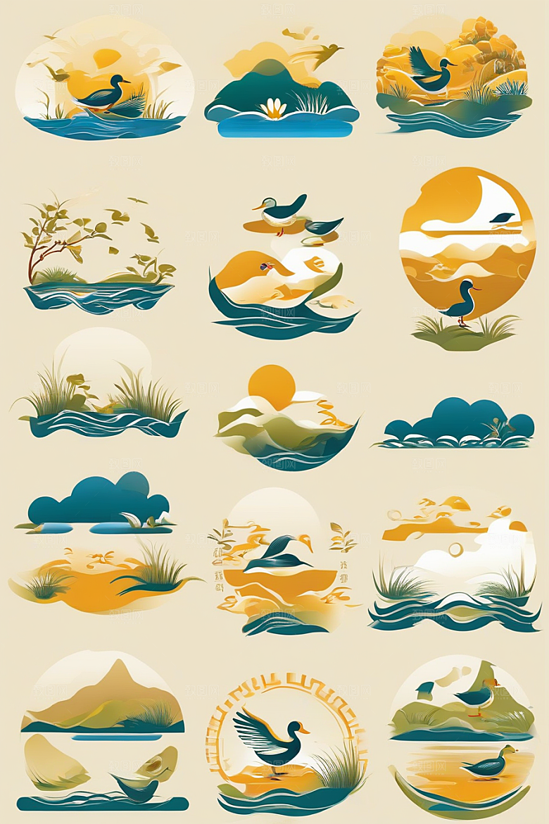 山水云天与鸭子的绘画艺术