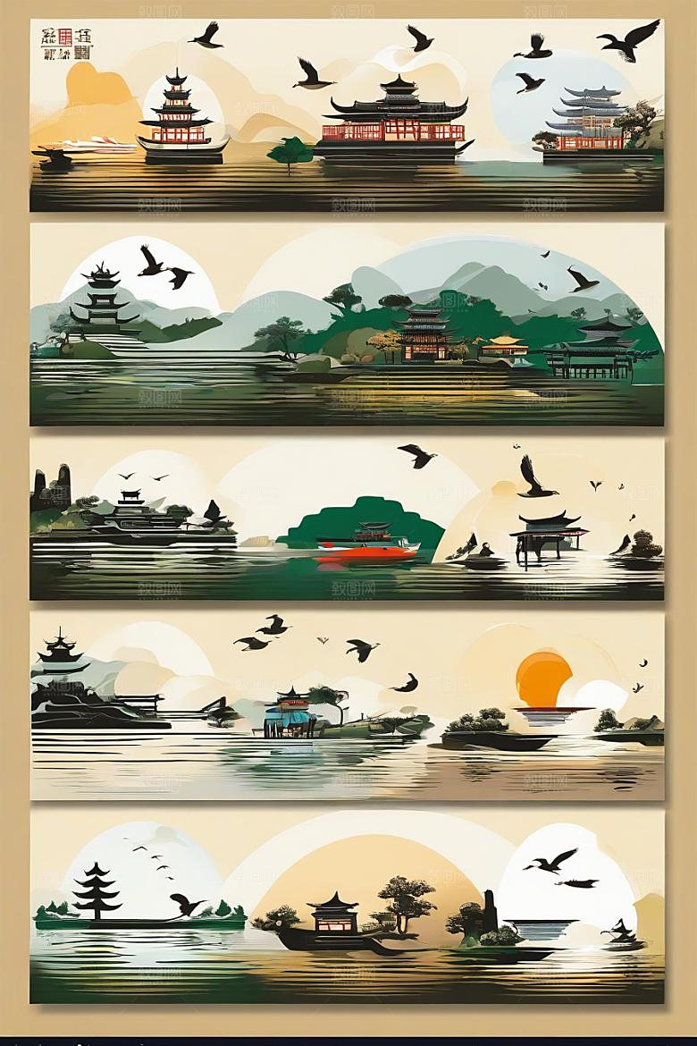 水面上的鸭子与山水云天的画面