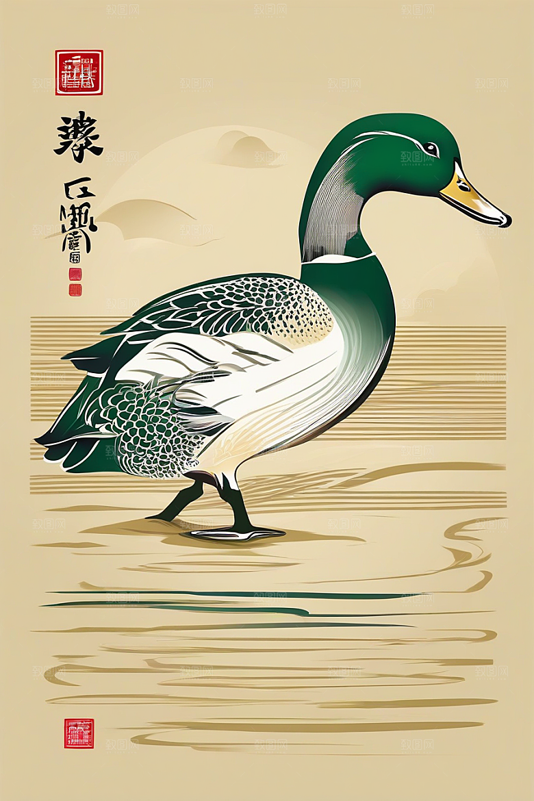 水面上的鸭子与山水云天的画面