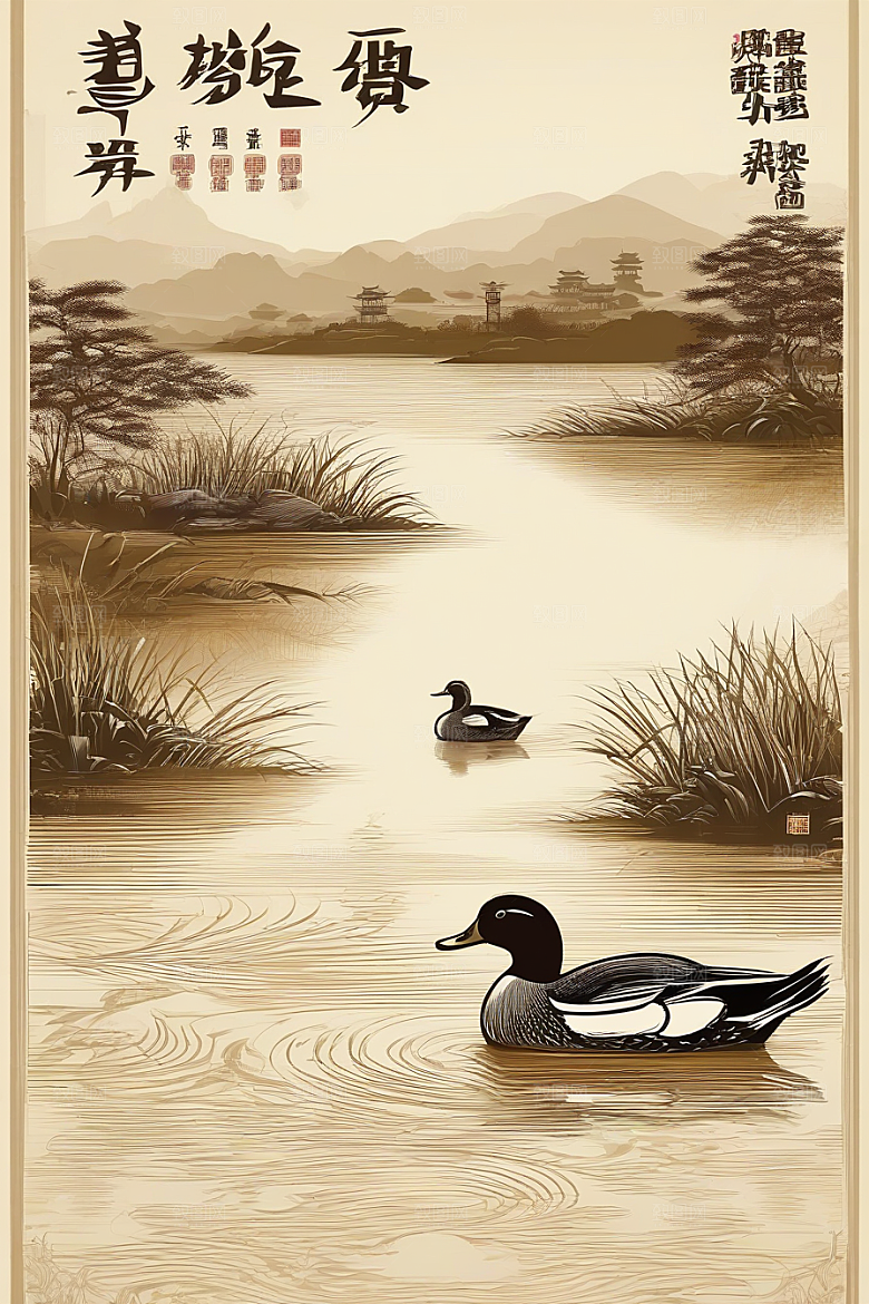 水面上的鸭子与山水云天的画面