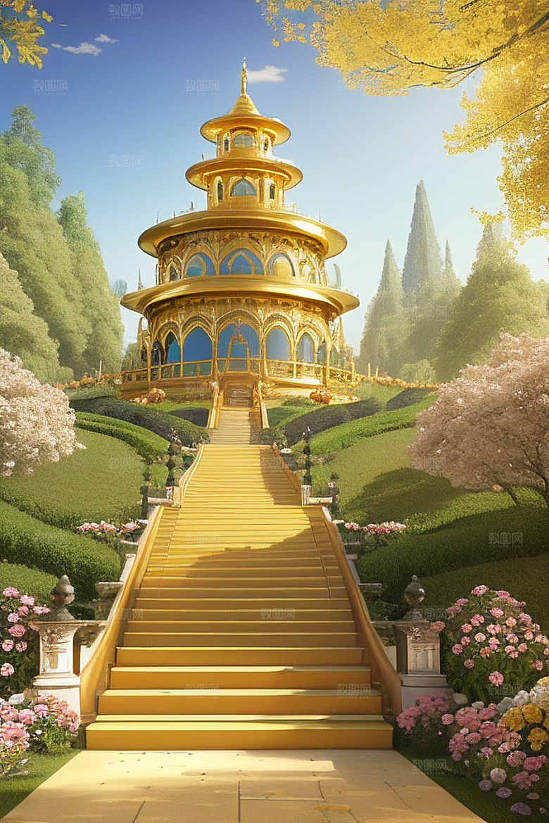 梦幻黄金宫殿天空中的奢华金宫高清渲染