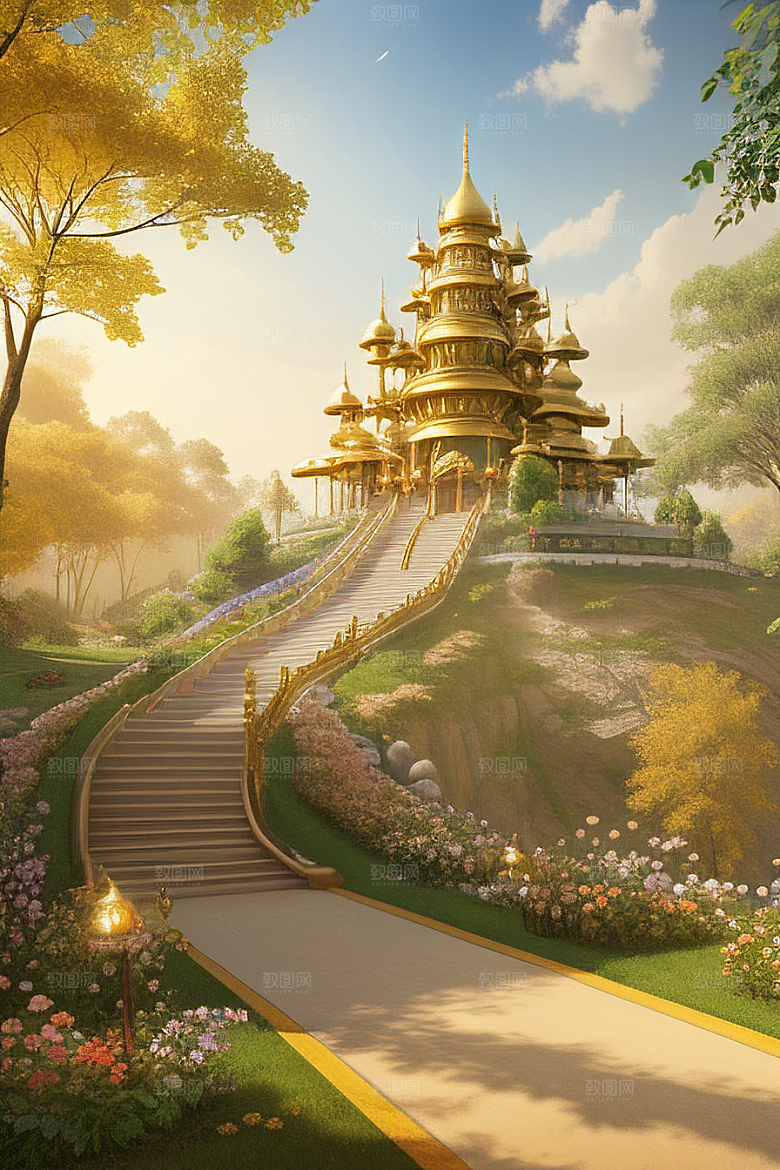 梦幻黄金宫殿天空中的奢华金宫高清渲染