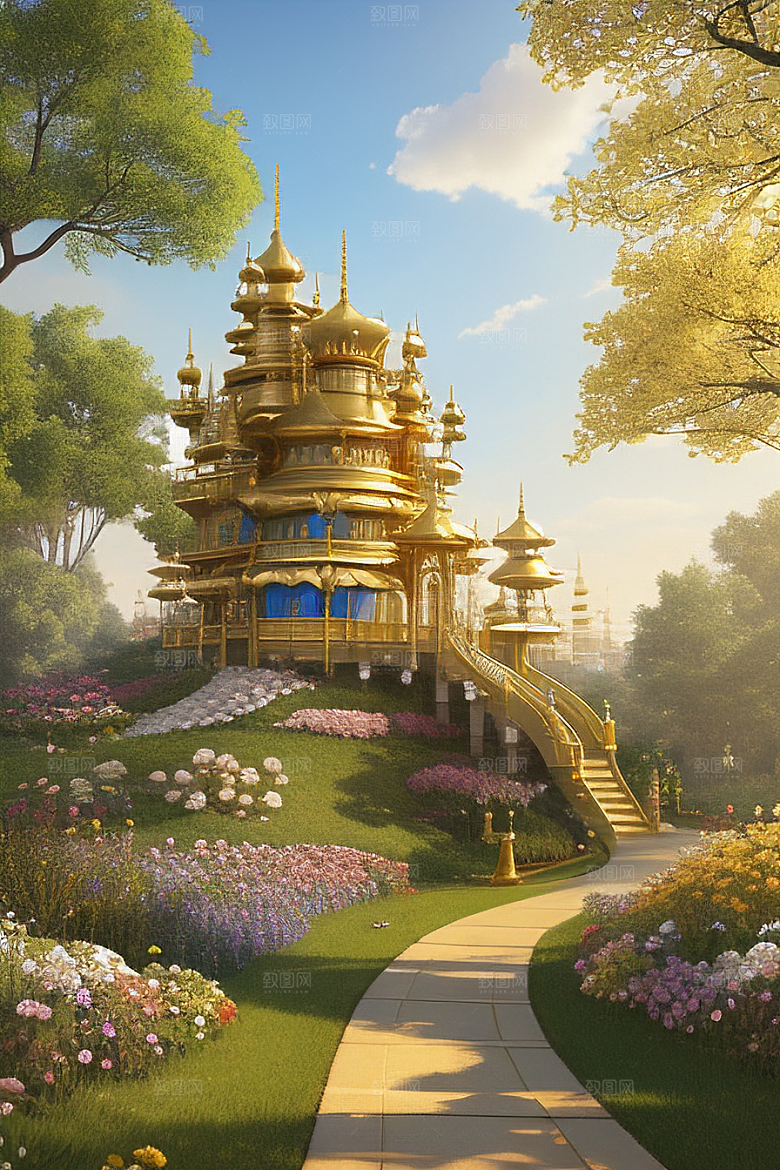 梦幻黄金宫殿天空中的奢华金宫高清渲染