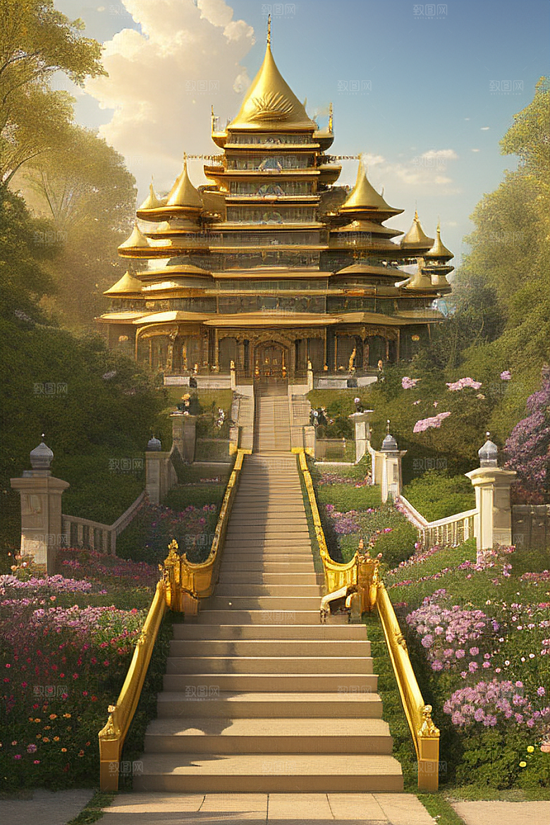 梦幻黄金宫殿天空中的奢华金宫高清渲染