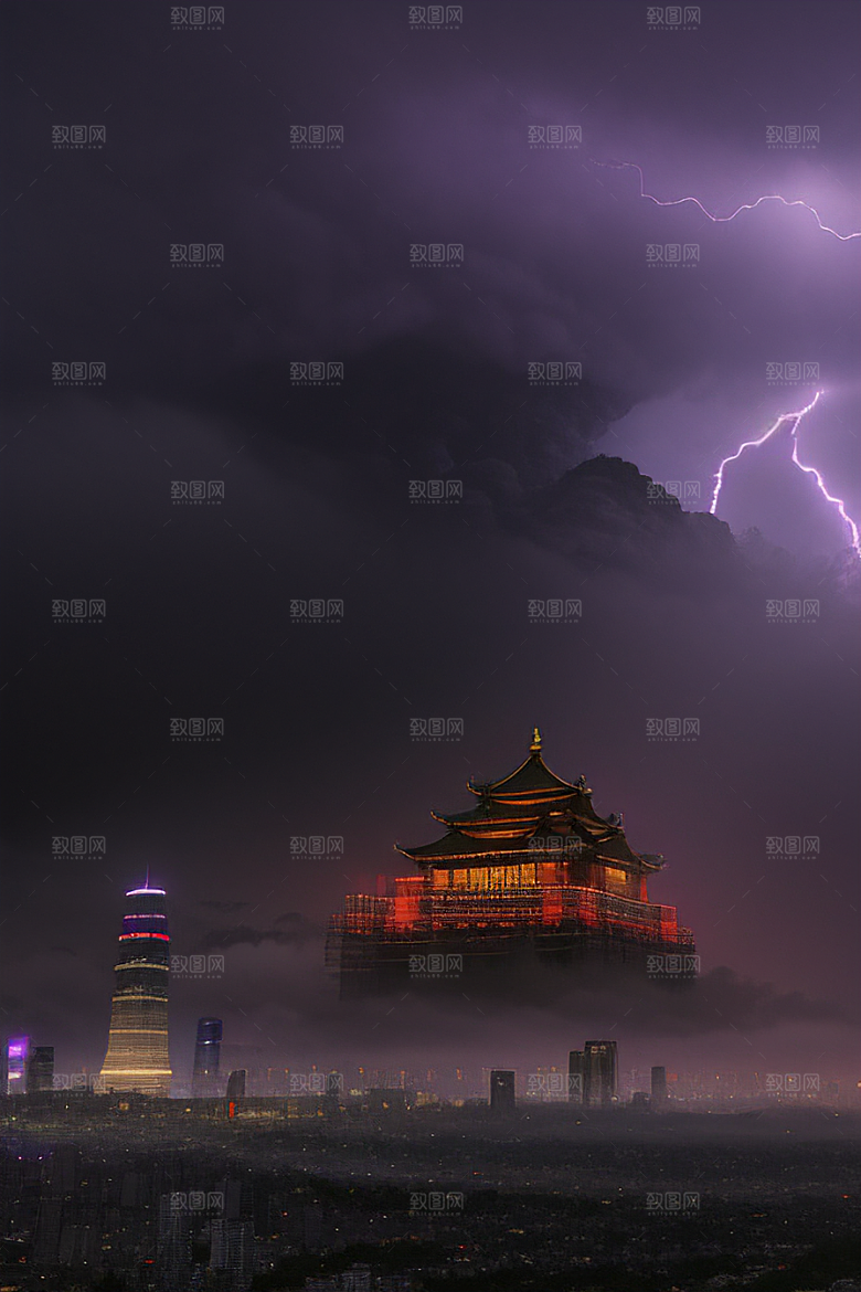 黑云闪电下的中国风大片