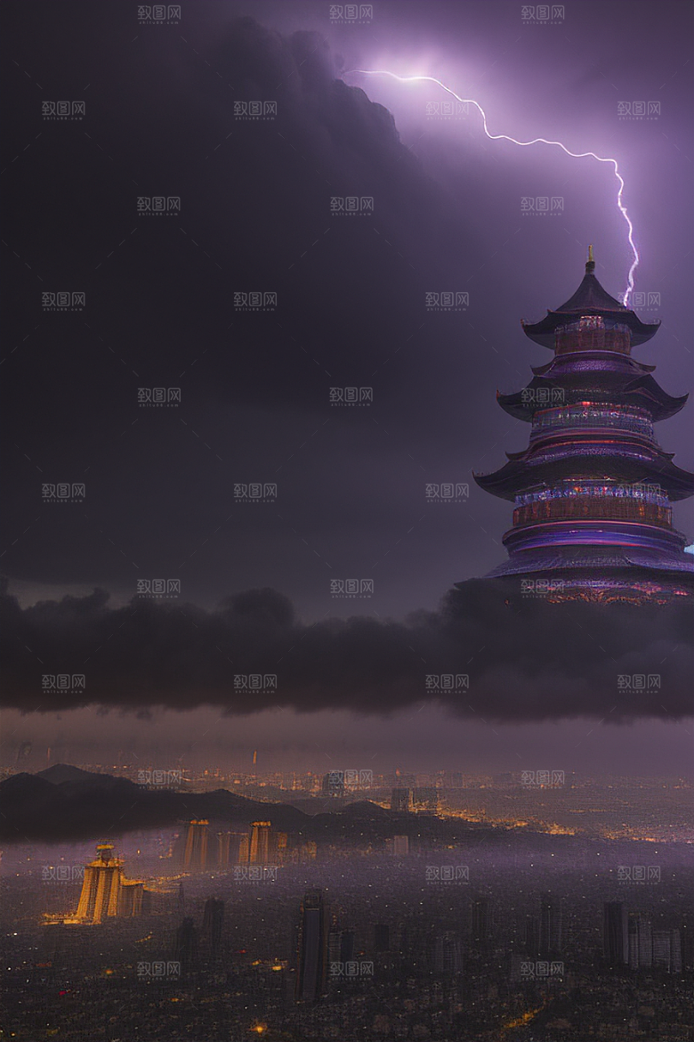 黑云闪电下的中国风大片