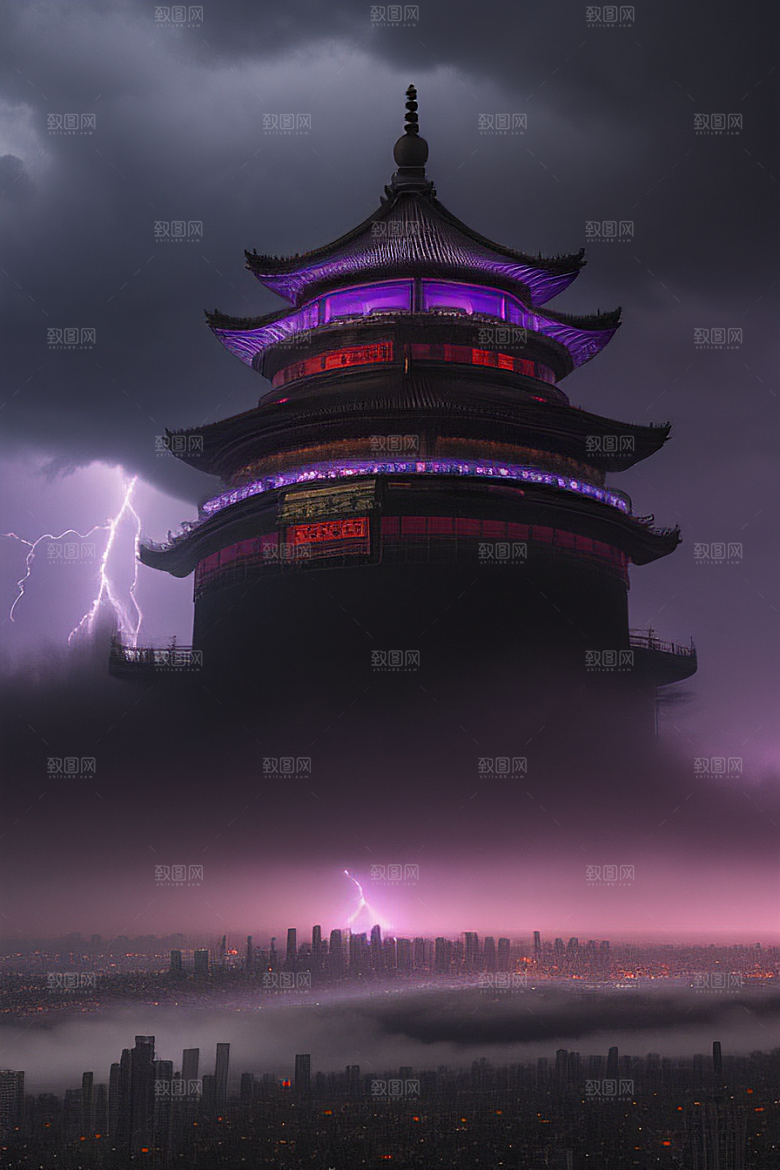 黑云闪电下的中国风大片