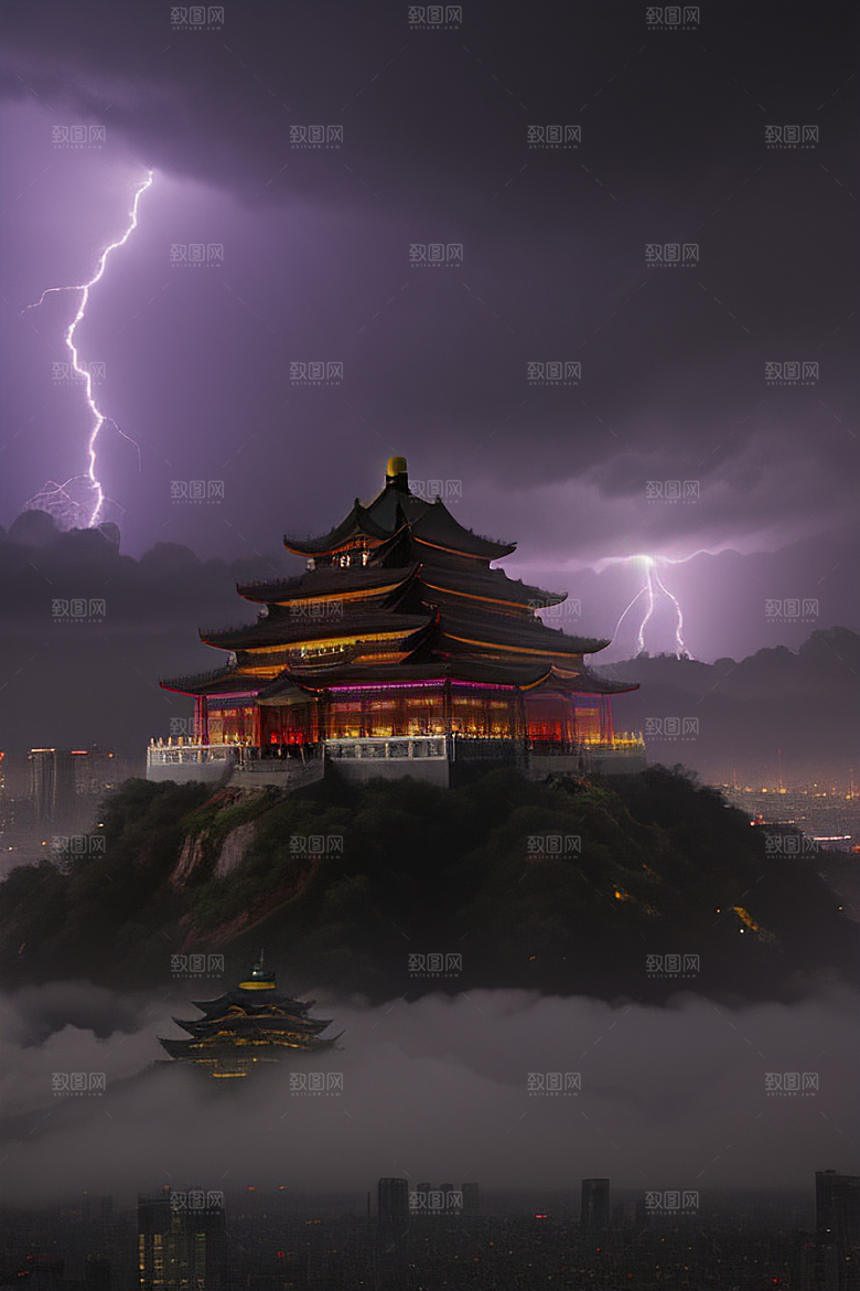 黑云闪电下的中国风大片