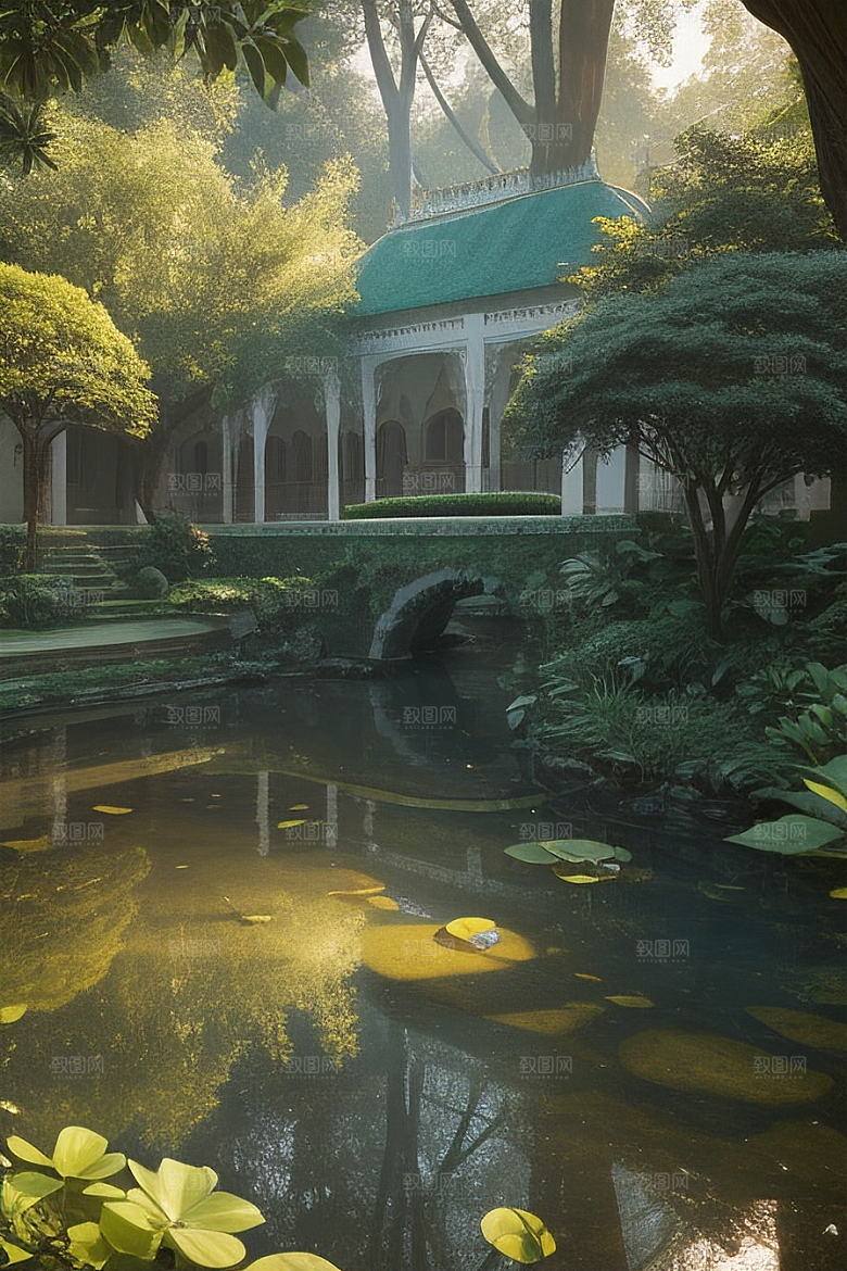 柔和阳光翠绿花园奢华莫卧儿宫殿