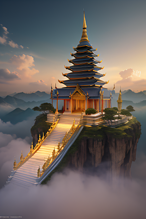 泰国帝国白樱花云顶寺庙的仙境画卷