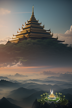 泰国帝国白樱花云顶寺庙的仙境画卷