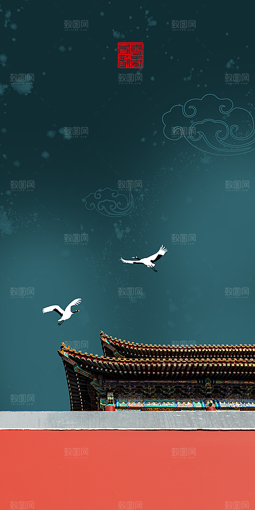 中国风古风山水挂画装饰背景海报