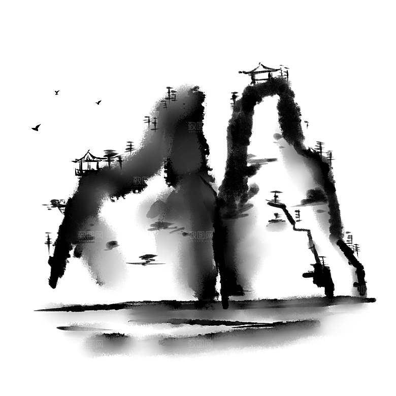 中国风水墨中式古风禅意山水画PNG素材