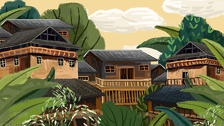 少数民族传统建筑房屋手绘海报插画