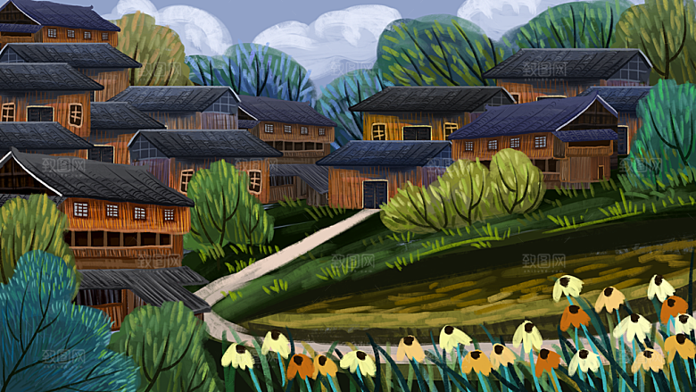 少数民族传统建筑房屋手绘海报插画