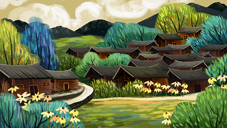 少数民族传统建筑房屋手绘海报插画