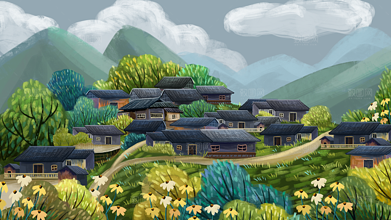 少数民族传统建筑房屋服饰手绘海报插画