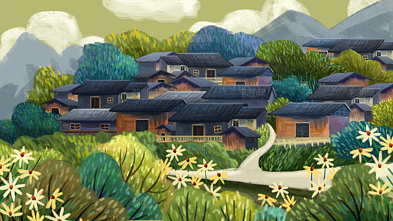 少数民族传统建筑房屋手绘海报插画