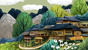 少数民族传统建筑房屋手绘海报插画