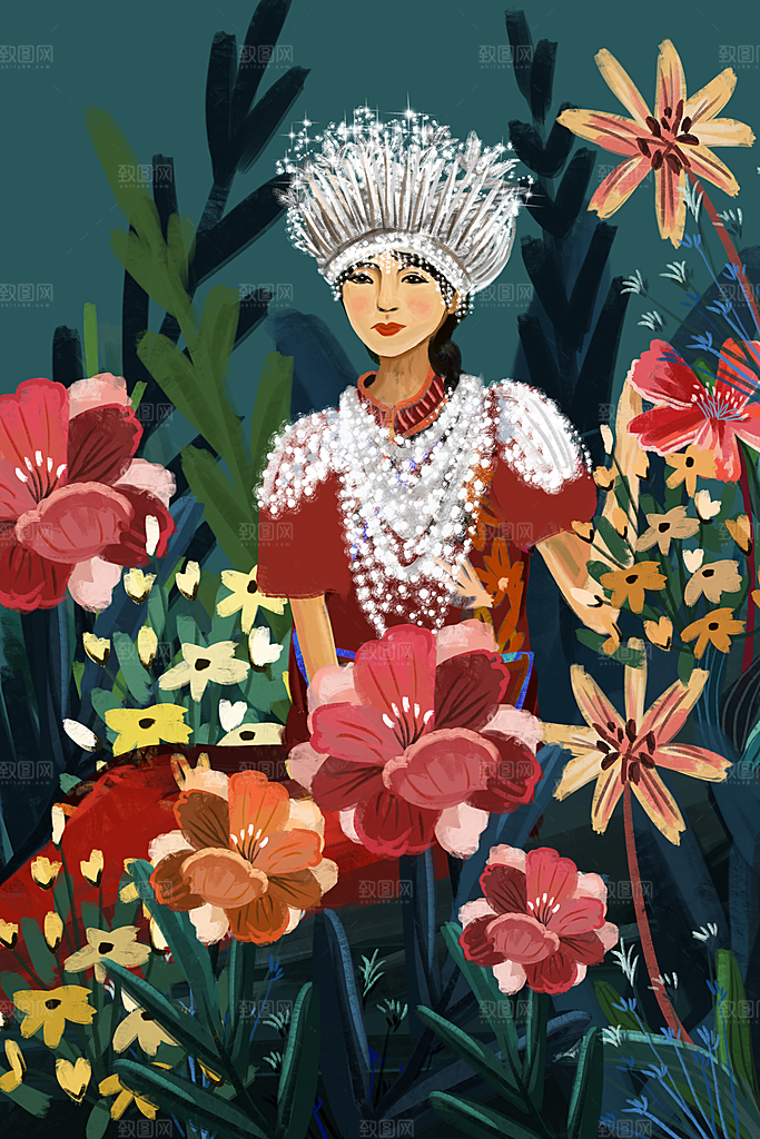 少数民族传统服饰手绘海报插画