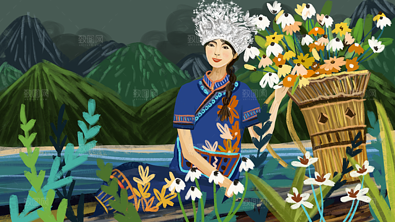 少数民族传统服饰手绘海报插画
