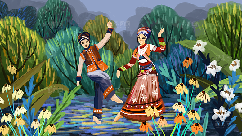 少数民族传统服饰手绘海报插画