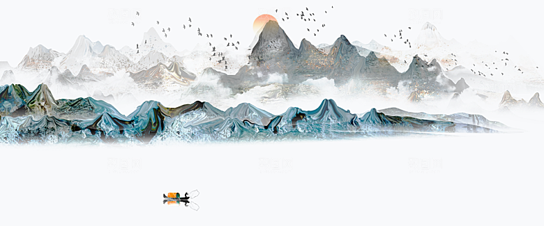 中国风水墨古典山水国画装饰壁画墙贴背景