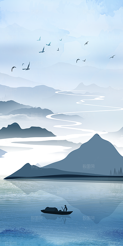 中国风水墨古典山水国画装饰壁画墙贴背景