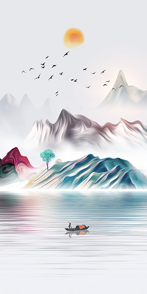 中国风水墨古典山水国画装饰壁画墙贴背景
