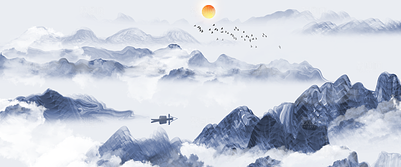 中国风水墨古典山水国画装饰壁画墙贴背景
