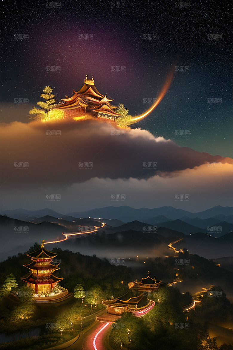 瑰丽的中国宫殿蜿蜒道路相连
