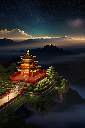 瑰丽的中国宫殿蜿蜒道路相连