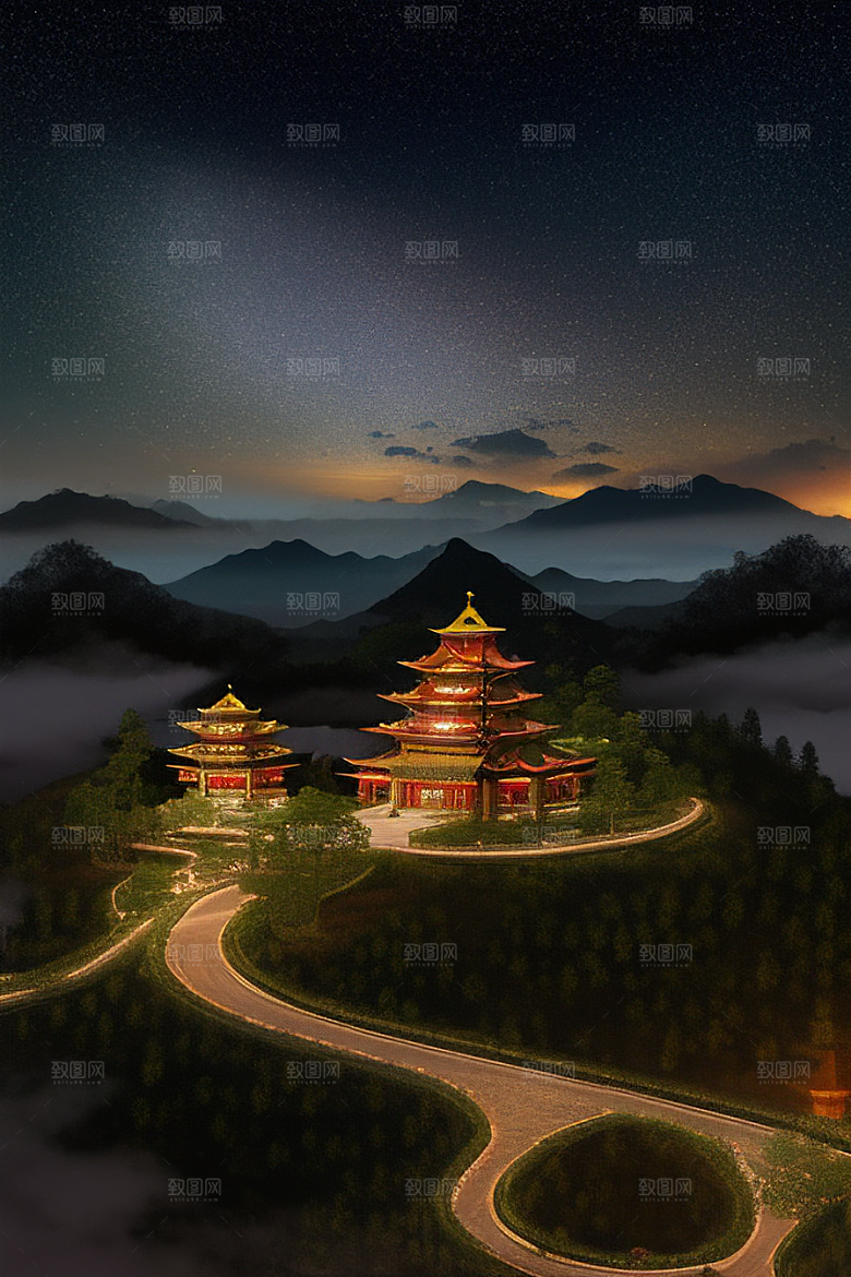 瑰丽的中国宫殿蜿蜒道路相连