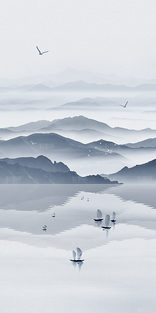 中国风水墨古典山水国画装饰壁画墙贴背景