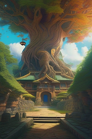 碧玉树阴巨树内的宏伟宫殿绘画