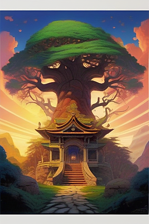 碧玉树阴巨树内的宏伟宫殿绘画